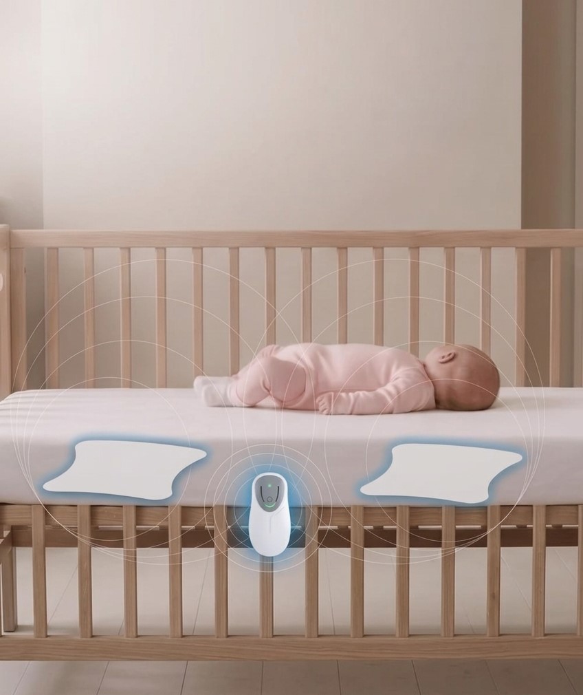 a baby laying in a crib with a baby monitor