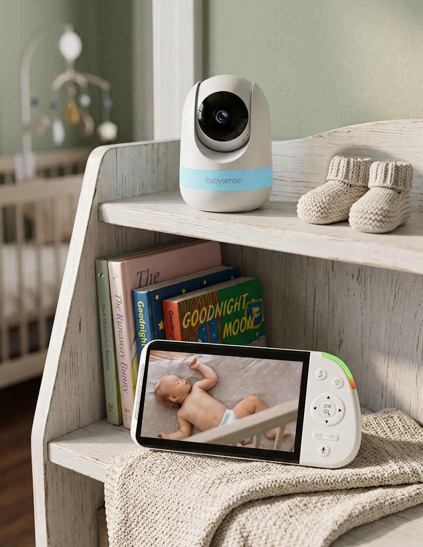 a baby monitor sitting on top of a book shelf