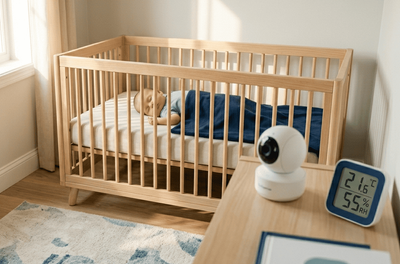 a baby in a crib next to a clock
