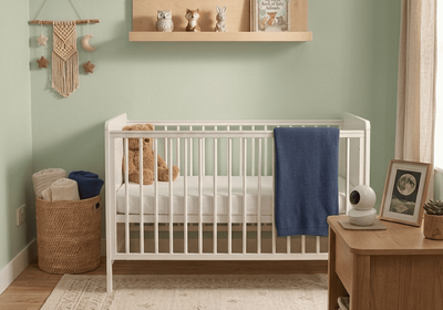 a baby's room with a crib and a teddy bear
