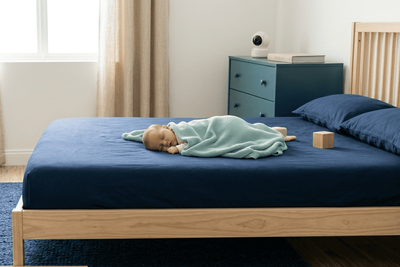 a baby is laying on a bed with a blue blanket