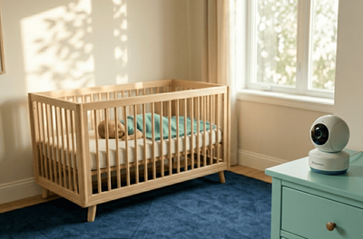 a baby in a crib with a camera on top of it
