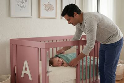 a man standing over a baby in a pink crib
