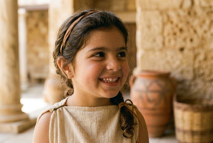 a little girl smiling in front of a building