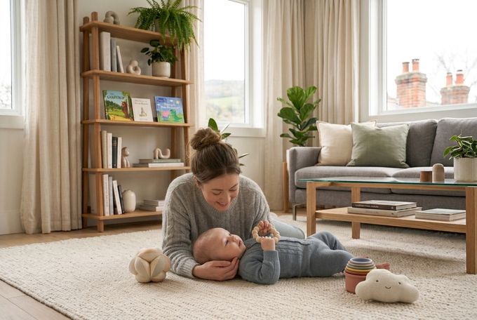 a woman playing with a baby on the floor