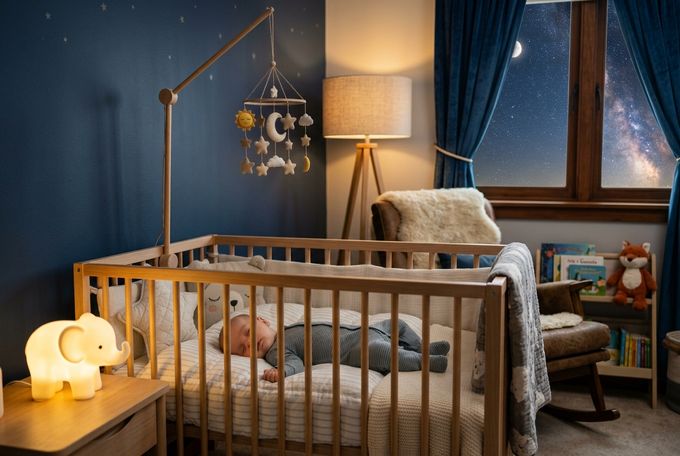 a baby sleeping in a crib in a bedroom