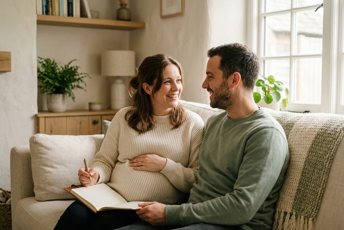 a pregnant couple sitting on a couch with a book