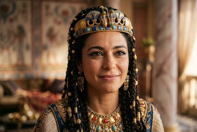 a woman wearing a gold and blue headdress