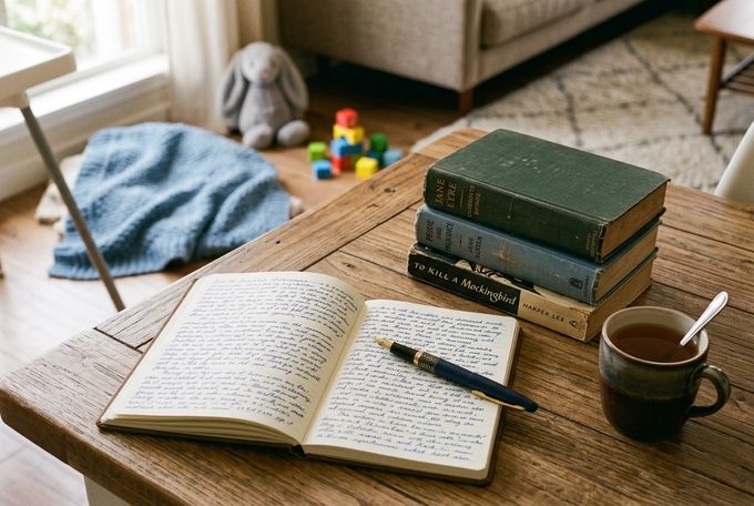 a wooden table topped with books and a cup of coffee