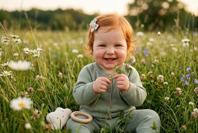 a little girl sitting in a field of flowers