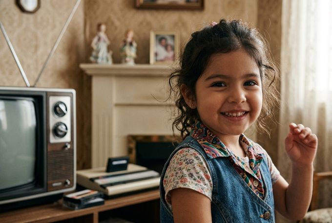 a little girl standing in front of a tv