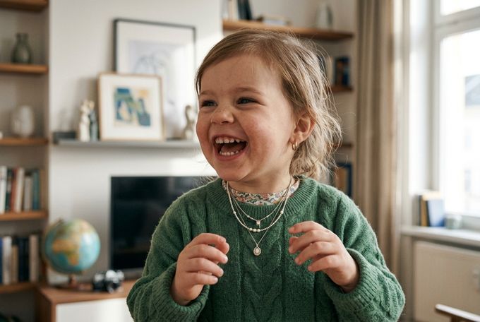a little girl laughing in a living room