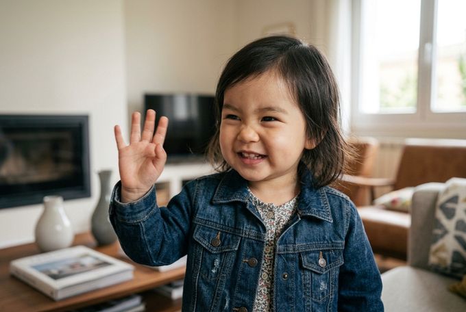 a little girl standing in a living room holding her hand up