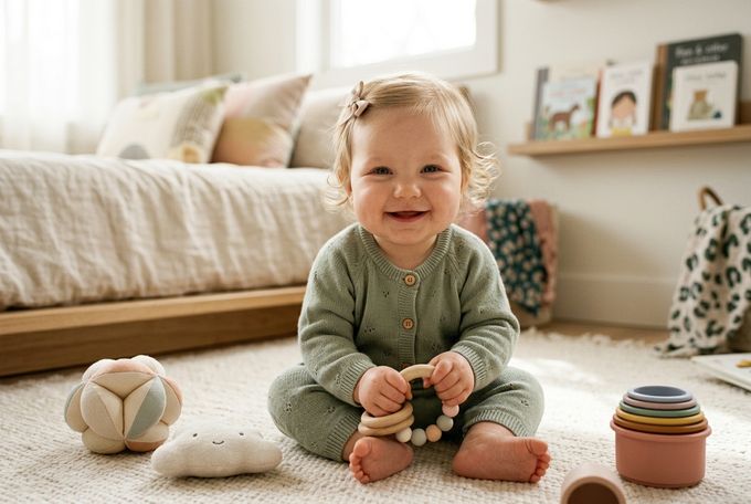 Popular Diminuitive Girl Names With F a baby sitting on the floor playing with a toy