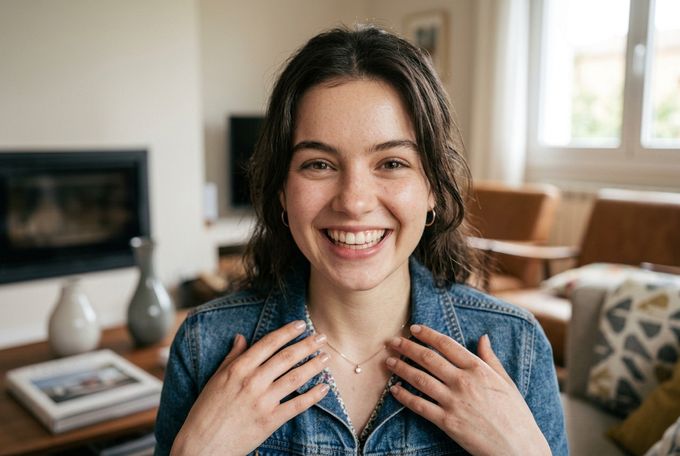 a woman in a denim jacket smiling at the camera