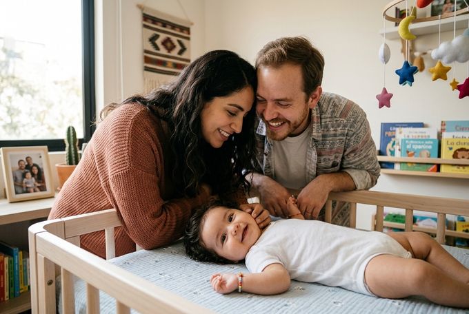 a man, woman and baby laying on a bed together