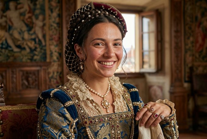 a woman in a renaissance dress smiling at the camera