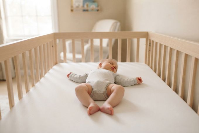 A baby asleep on their back in a bare crib with only a fitted sheet