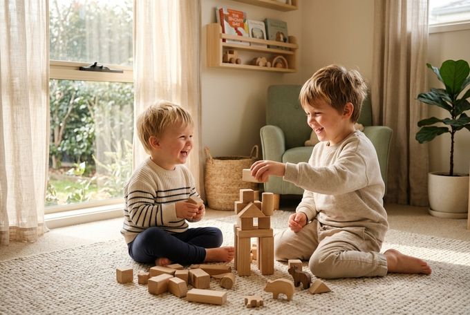 two children playing with wooden blocks in a living room