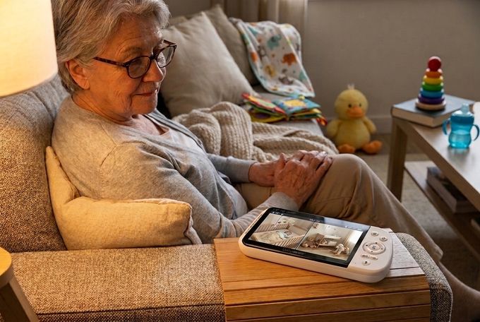 a woman sitting on a couch with a remote control