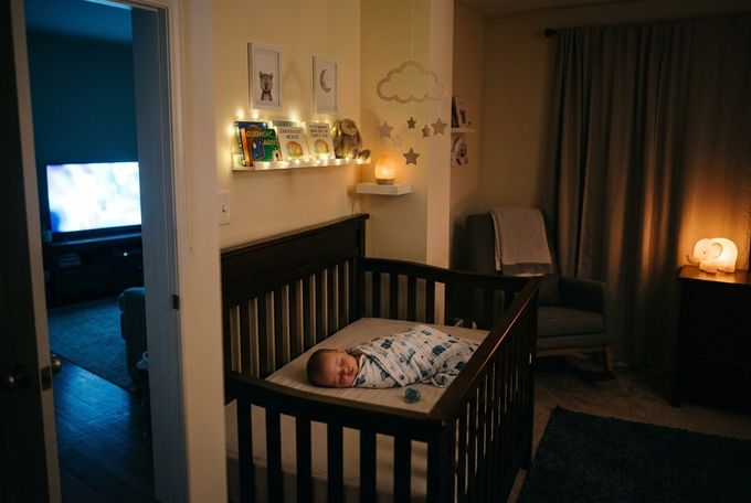 TV Light and Babies a baby laying in a crib with a TV on in the next room