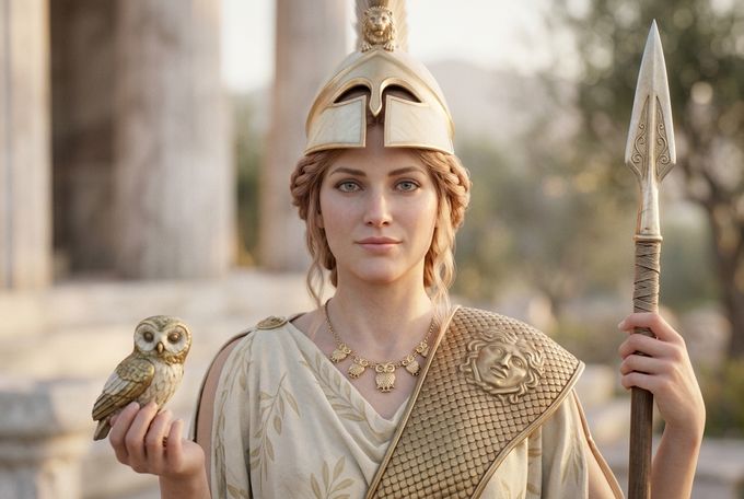 a woman in a roman costume holding a sword and an owl
