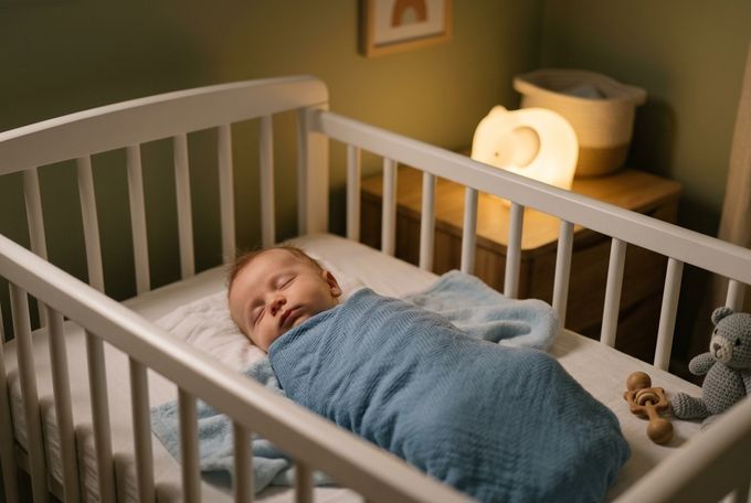 a baby sleeping in a white crib with a blue blanket