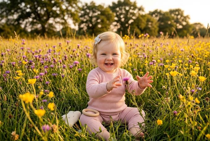 a little girl sitting in a field of flowers