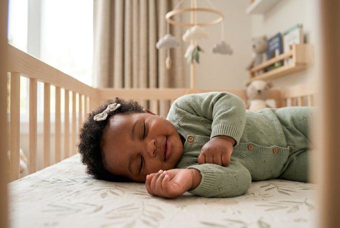 a small child laying on a bed in a room