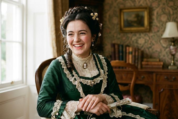 a woman in a green dress sitting in a chair