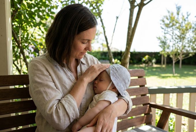 a woman sitting on a bench holding a baby