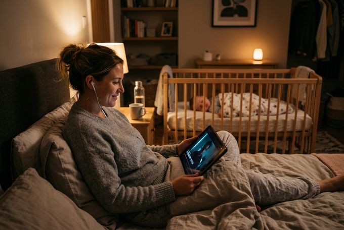 a woman sitting on a bed using a tablet