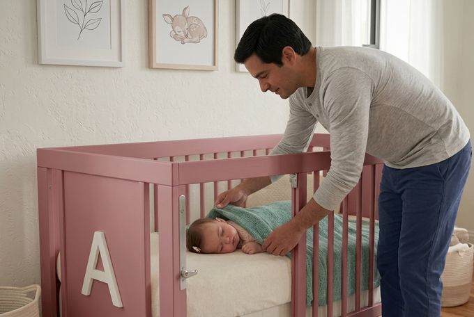 a man standing over a baby in a pink crib