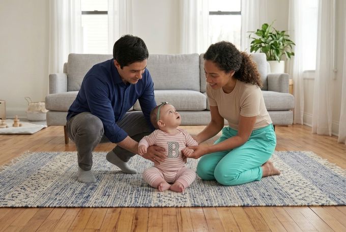 a man kneeling down next to a woman holding a baby