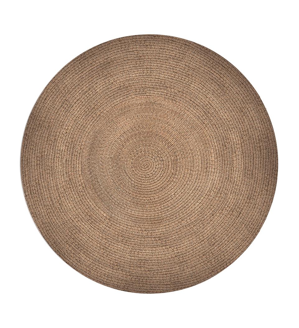 A round  brown rug with a woven textured pattern