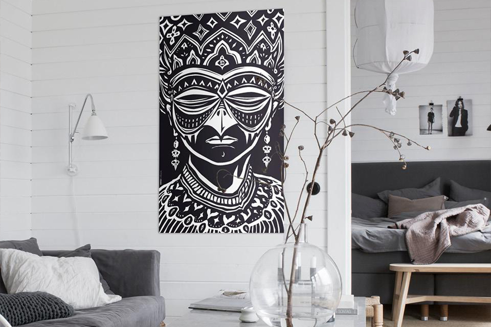 Black and white wall art hanging in living room