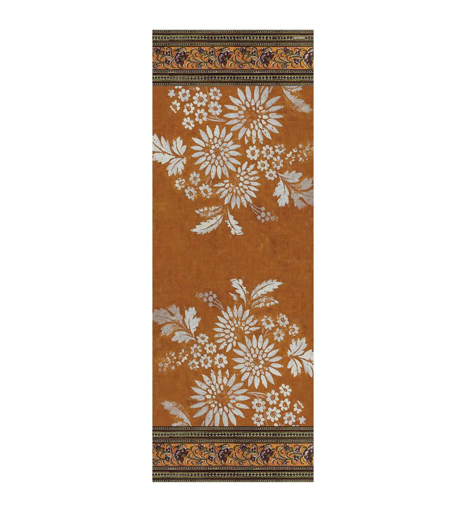 Stock image of An orange vinyl rug with white floral motif 