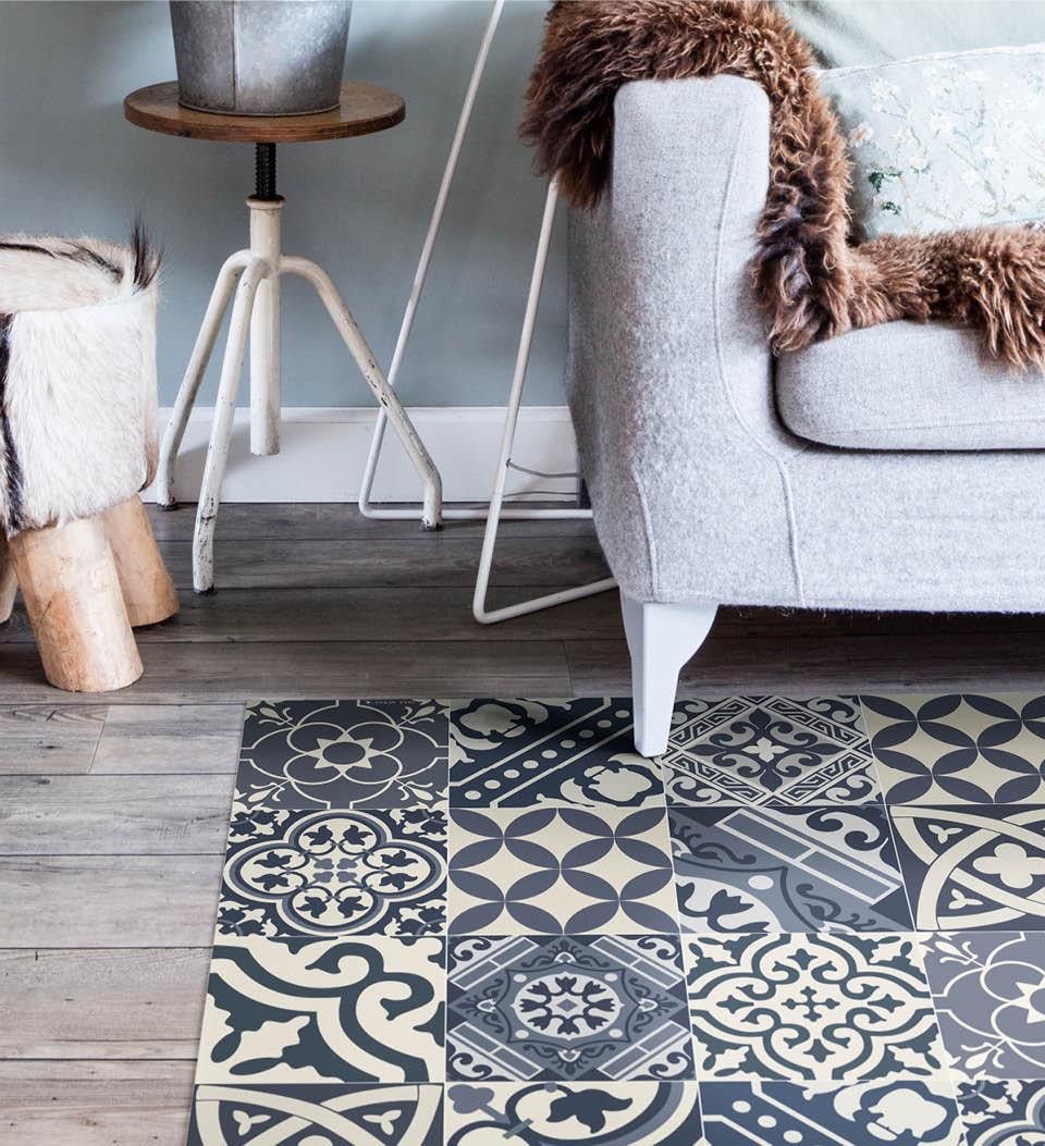 Blue and grey rug with mixed patterns on a living room floor