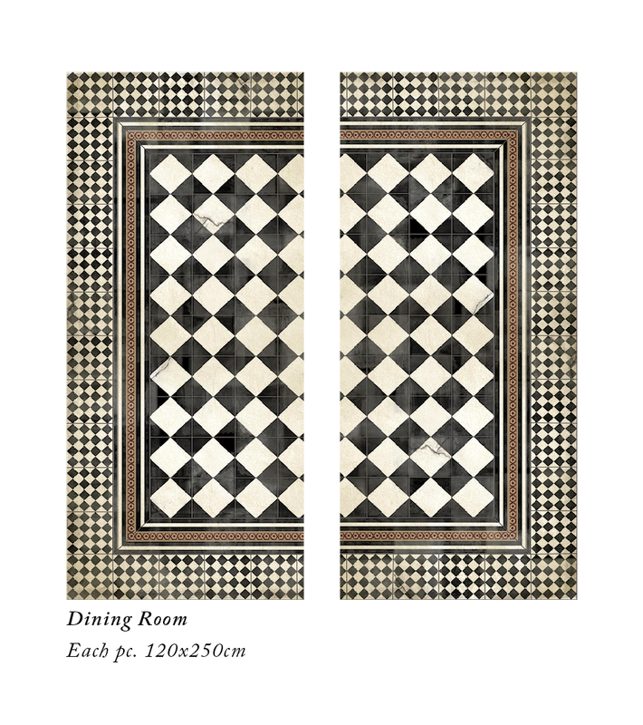 A black and white checkered patterned rug split in two 