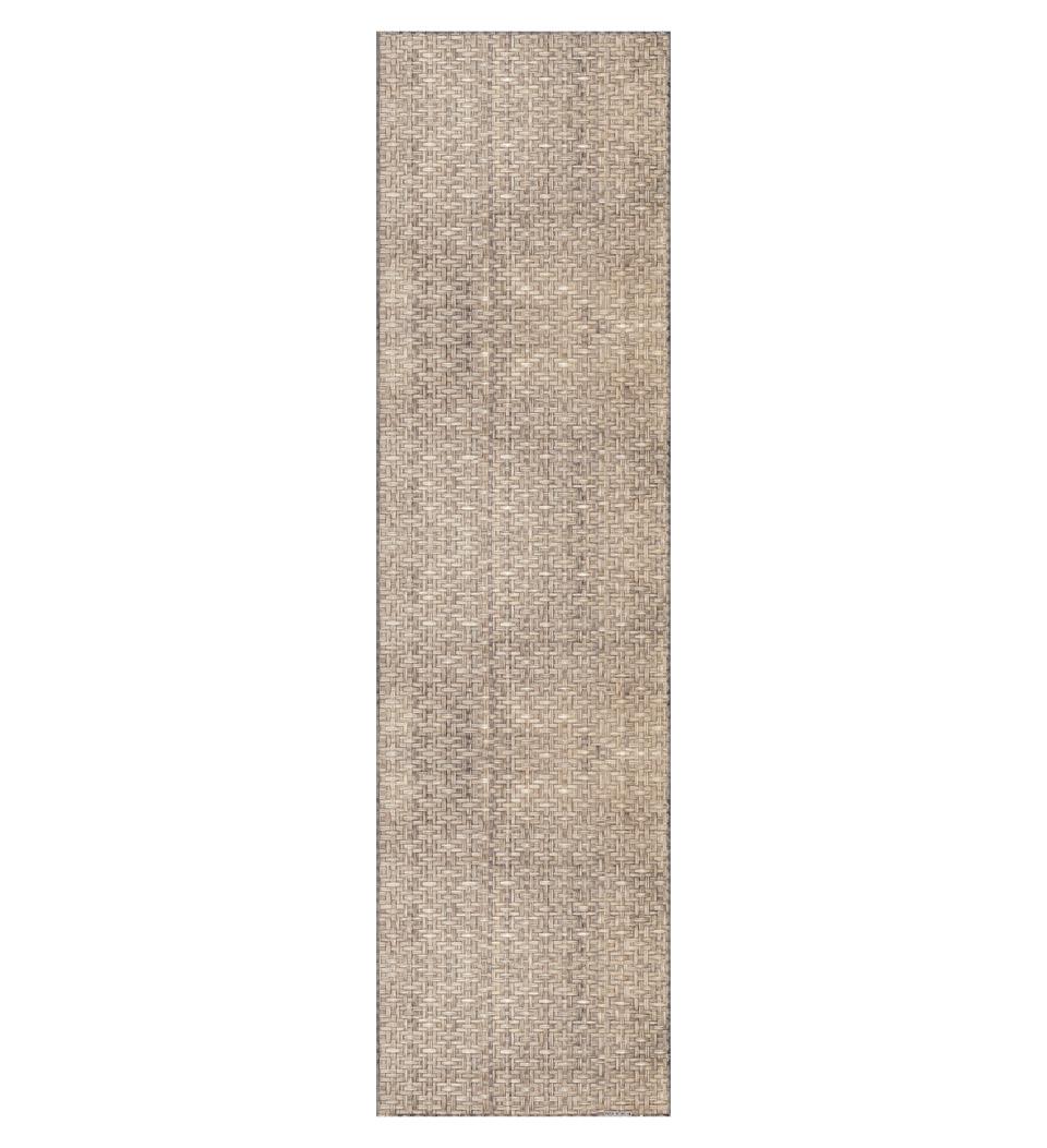 A stock image of a  beige rattan cross patterned table runner 