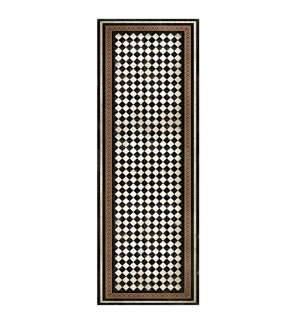 Stock image of a Striking geometric black and white vinyl rug