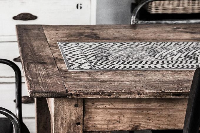 Black and white runner on dining room table