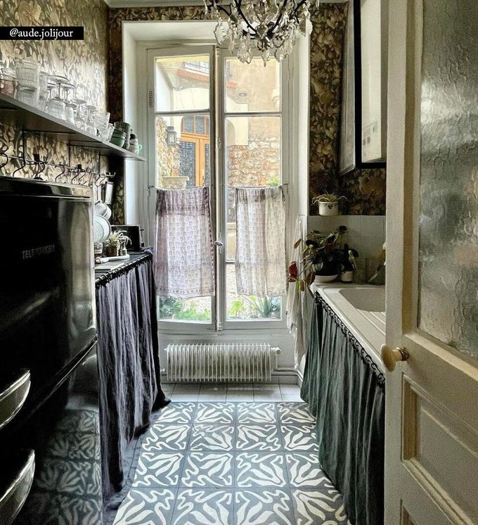 Monochrome intricately patterned rug in a kitchen