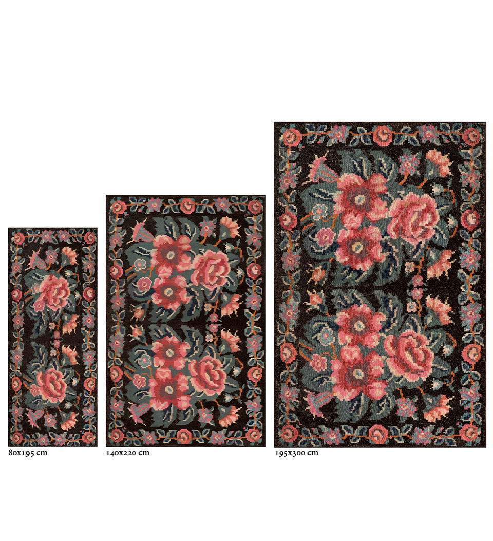 Stock image of different sizes of Mary Black Rug by Beija Flor