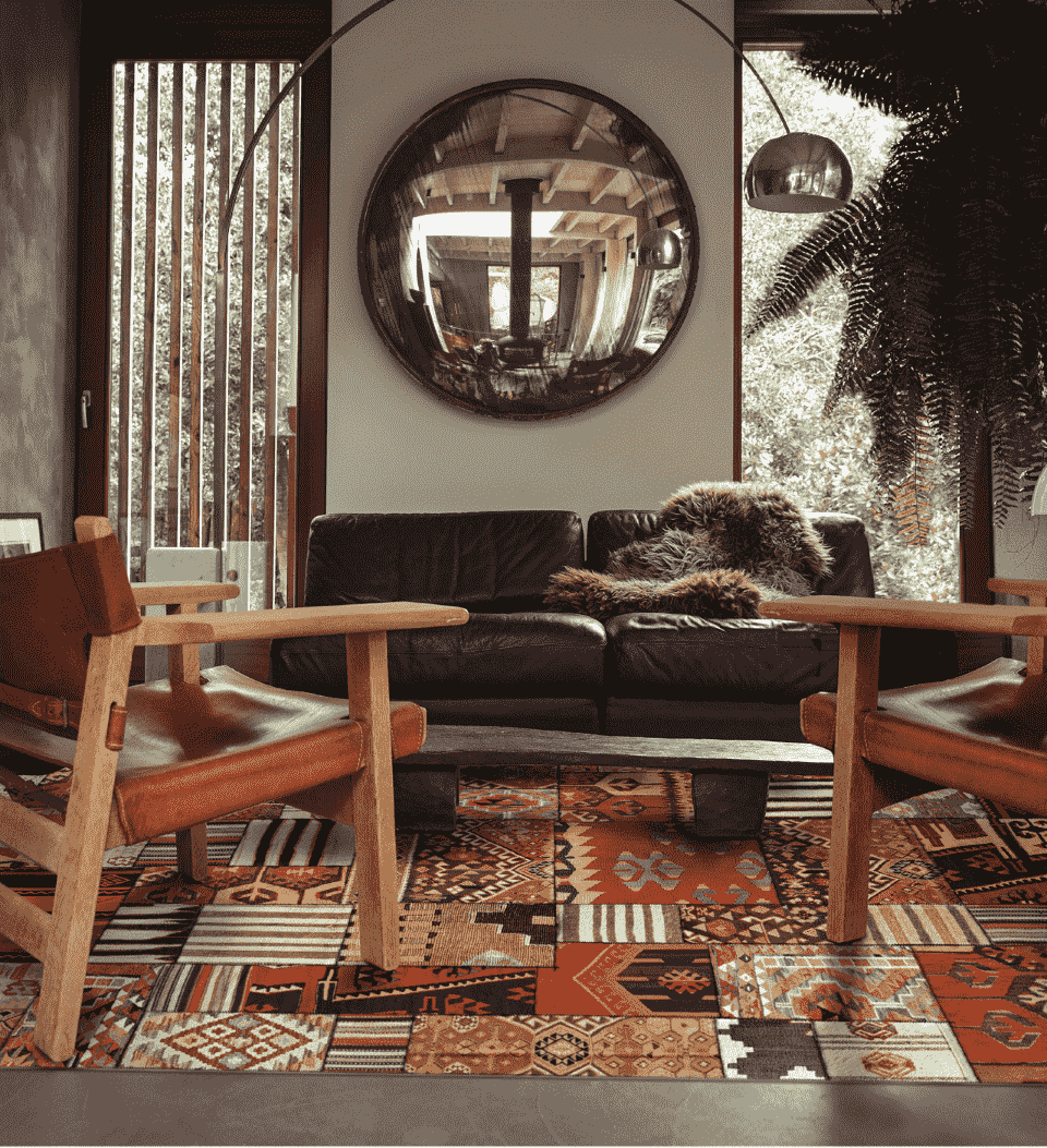 Intricate geometric patterned rug in a living room