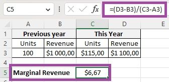 Screenshot of calculating marginal value in Excel