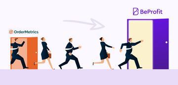 Illustrated people running out of a door labeled &quot;OrderMetrics&quot; into a door labeled &quot;BeProfit&quot;