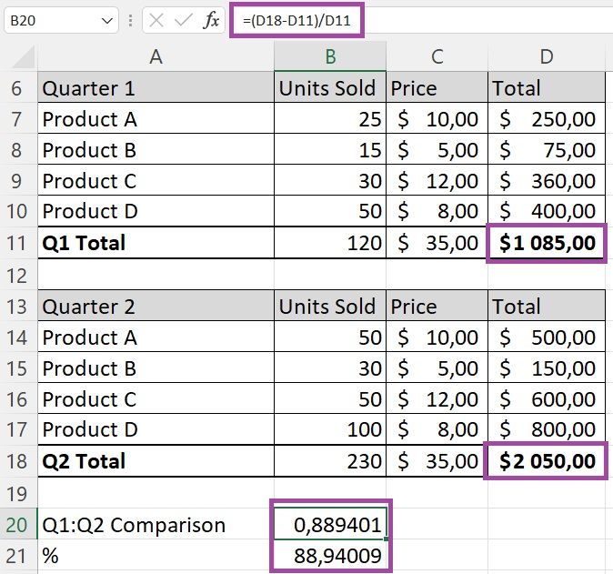 Screenshot of calculating quarterly revenue in Excel