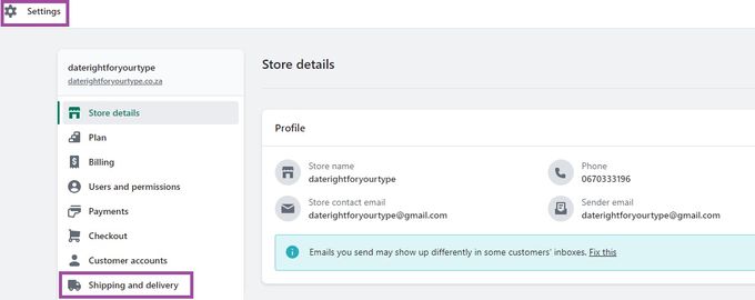 Screenshot of the settings section on a Shopify dashboard as the first step to calculating discounted shipping rates
