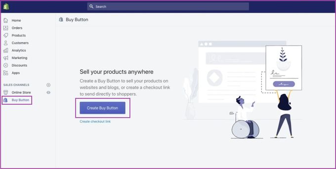 Screenshot showing how to locate the create buy button on Shopify